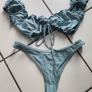 HOAKA SWIMWEAR Iris Sage Blue Ruffle Bikini Set